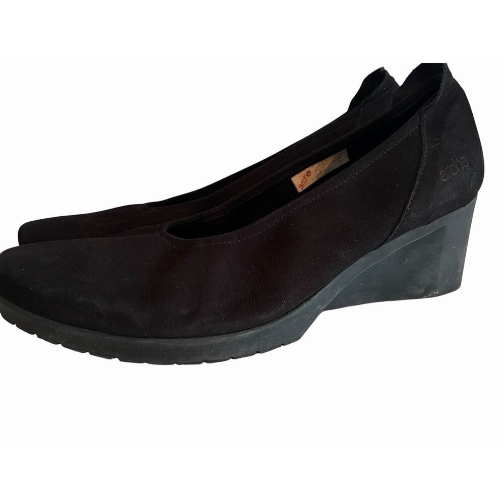 Arche Nubuck Black Slip-On Wedge Loafers •41/ 10• Ruffle Pumps Heels France $328